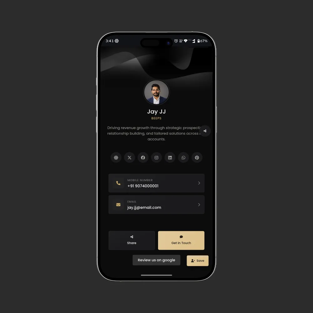 The Beeps digital business card profile open on a phone, showing photo, bio, social links, phone number, email and Save to contacts