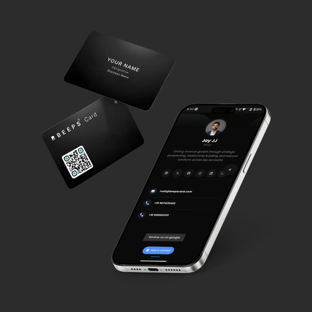 Matte black Beeps NFC business card, front and back, beside a phone showing the digital profile it opens