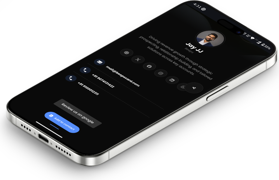 A Beeps digital profile open on a phone, showing the Google review button above the contact details