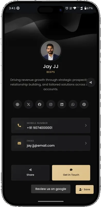 A Beeps profile open on a phone: photo, bio, social links, phone number and email, with Save to contacts and Google review buttons