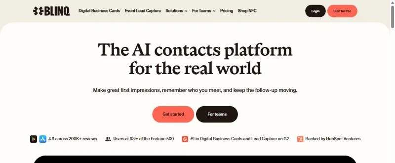 Blinq's home page, headed 'The AI contacts platform for the real world'