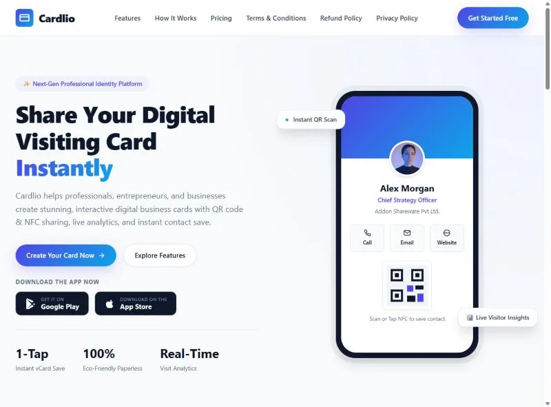 Cardlio's home page, headed 'Share Your Digital Visiting Card Instantly'