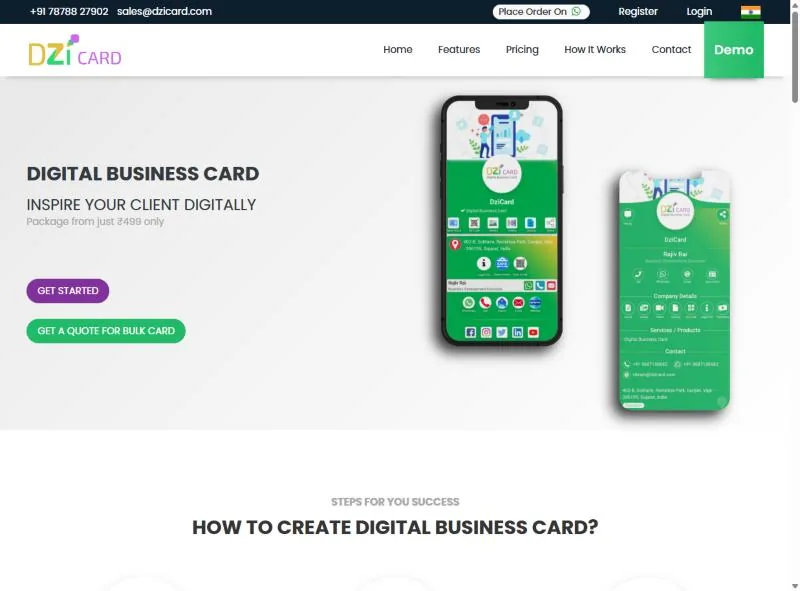 DziCard's home page, headed 'Digital Business Card - Inspire your client digitally'