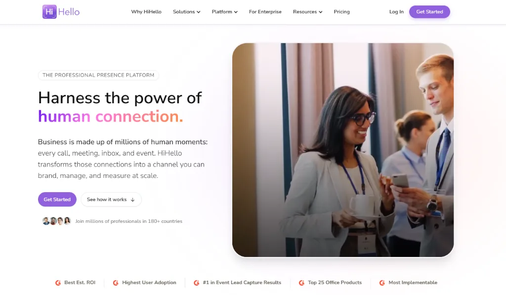 HiHello homepage showing their digital business card and professional presence platform