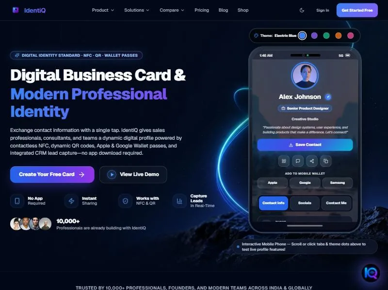 IdentiQ's home page, headed 'Digital Business Card & Modern Professional Identity'