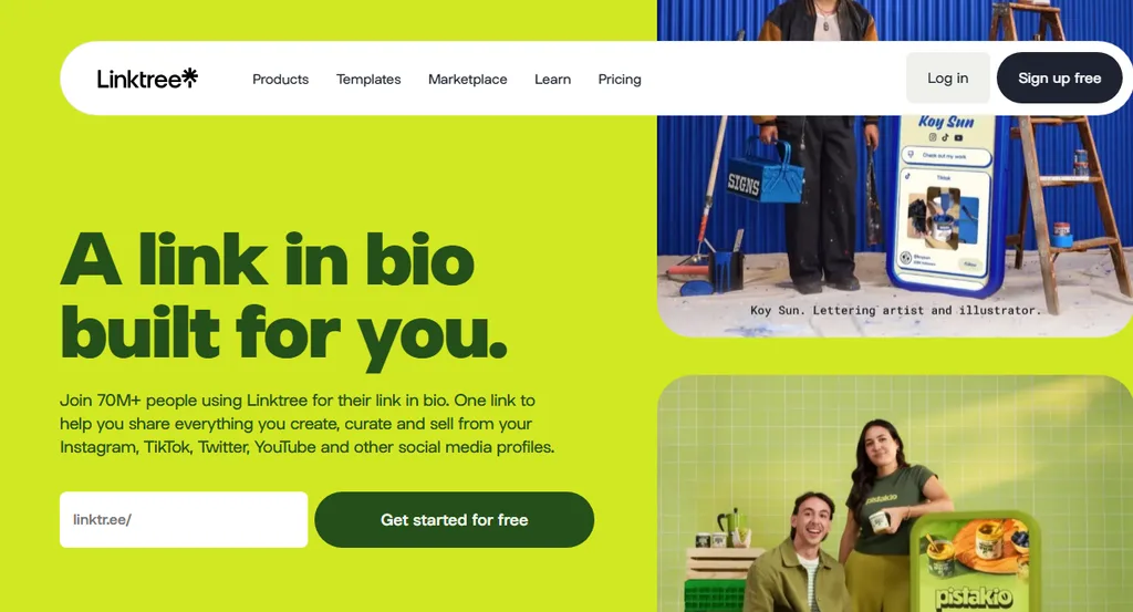 Linktree's home page, with its headline 'A link in bio built for you'