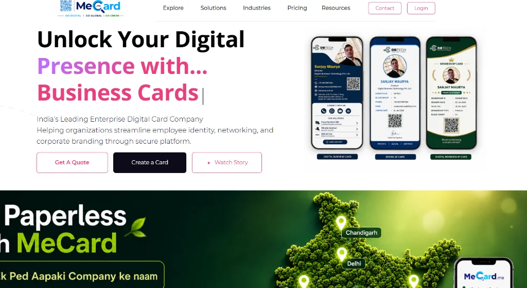 MeCard homepage showing their enterprise digital card platform for employee identity