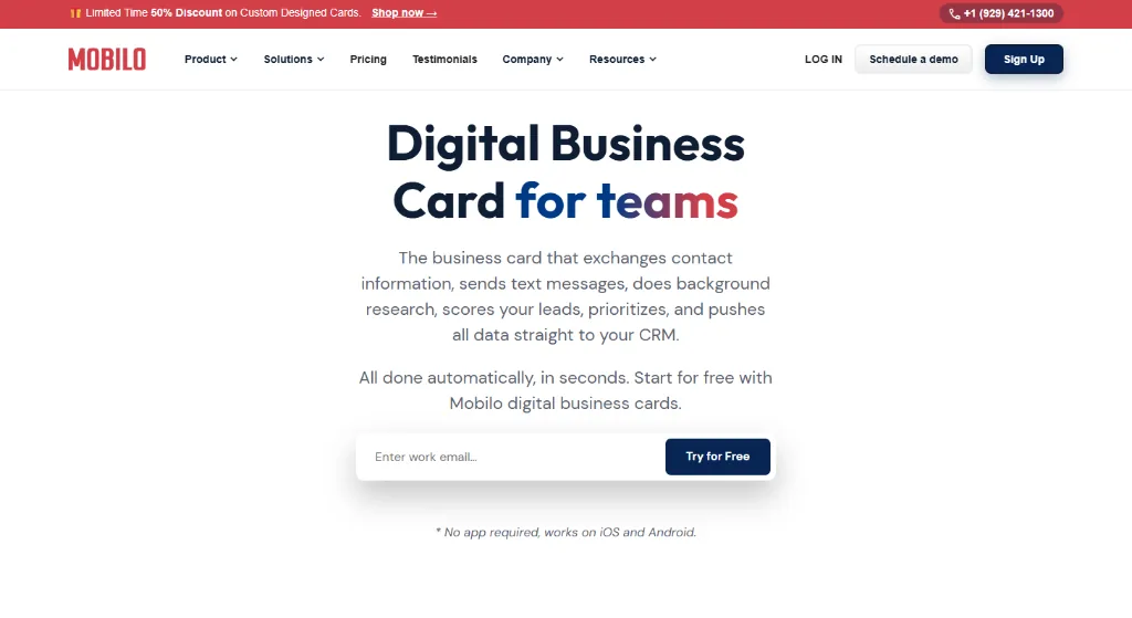 Mobilo Card pricing page showing their NFC card options and team plans