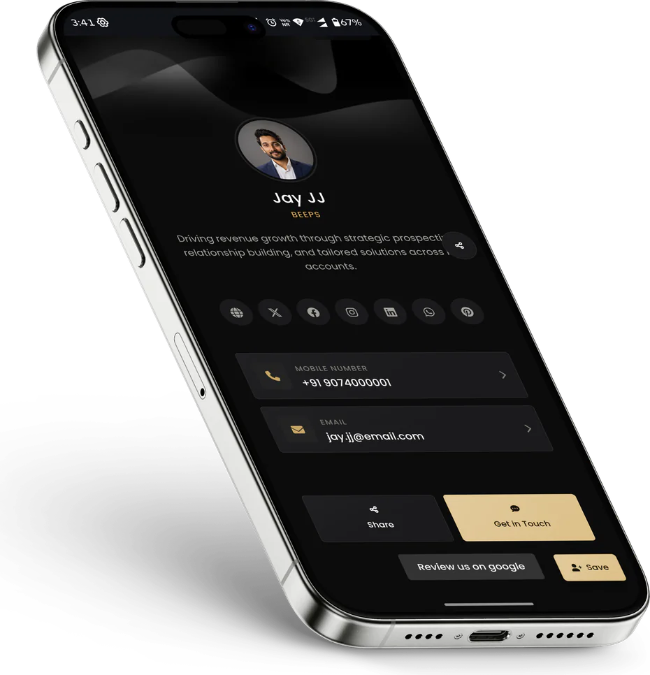 A Beeps Card digital profile open on an iPhone: photo, social links, phone number, email, and Get in Touch, Save and Google review buttons