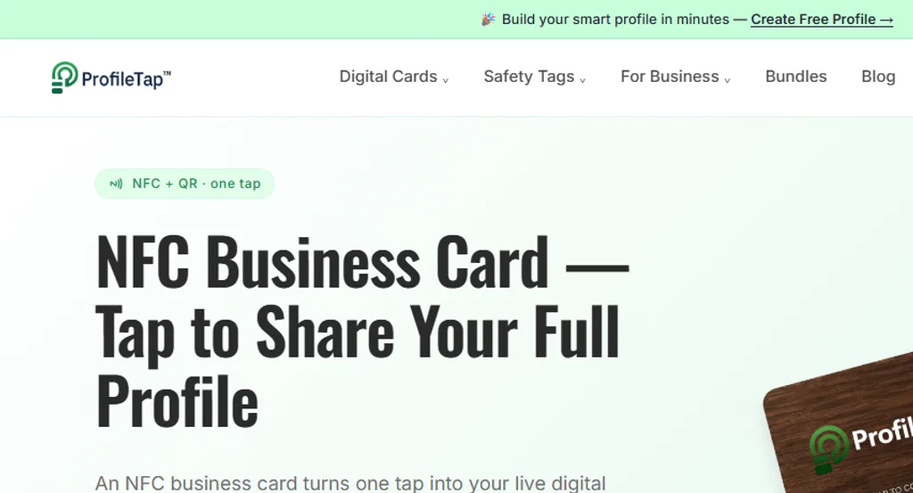 ProfileTap's NFC business card page, with its headline and one of its cards