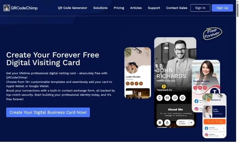 QRCodeChimp's free digital visiting card page, headed 'Create Your Forever Free Digital Visiting Card'