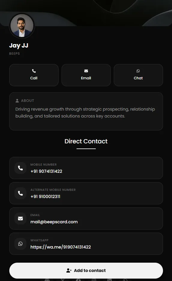 A Beeps Virtual Card profile on a phone: photo, name, Call, Email and Chat buttons, an About section, mobile numbers, email, WhatsApp link and an Add to contact button