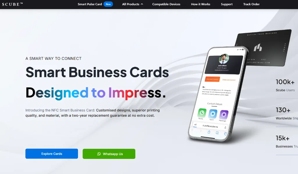 Scube homepage showing their smart business cards designed to impress