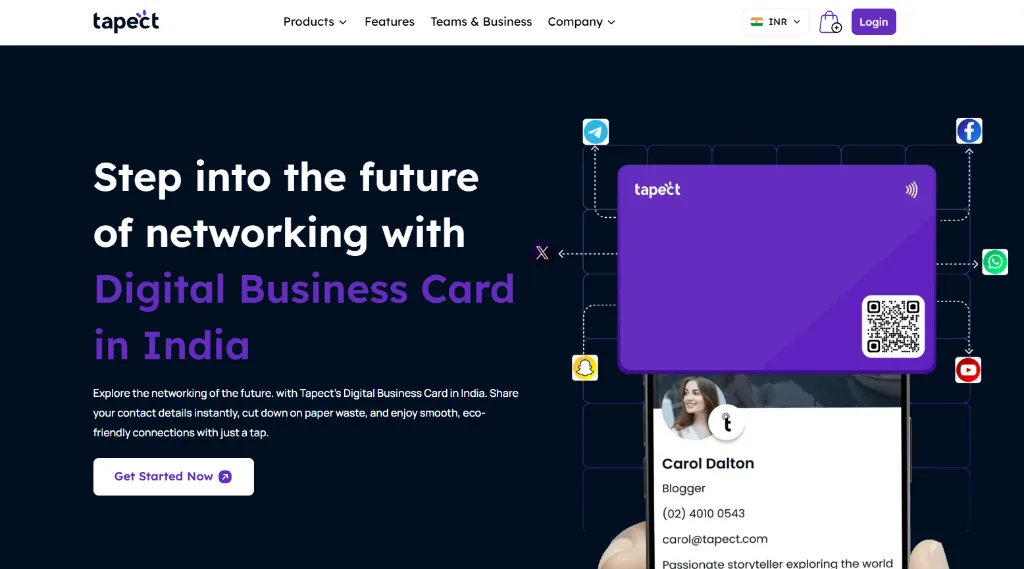 Tapect homepage showing their range of NFC digital business cards in PVC, bamboo and metal