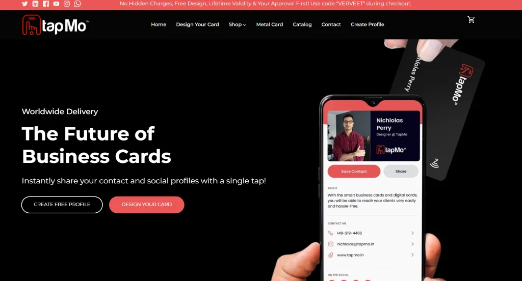 TapMo homepage showing their smart NFC business cards and lifetime access offer