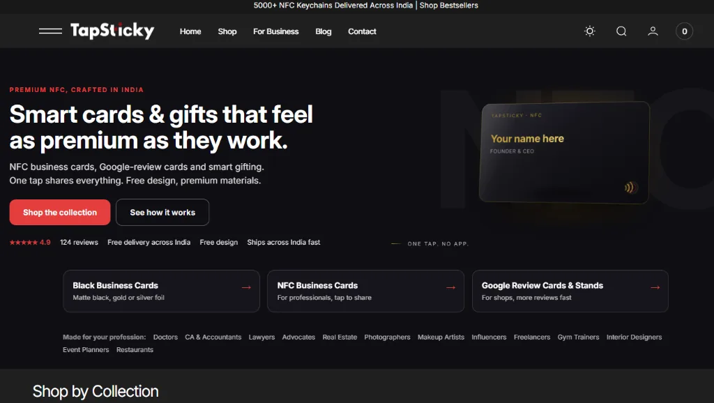 TapSticky homepage showing their range of NFC business cards, review cards and smart gifts
