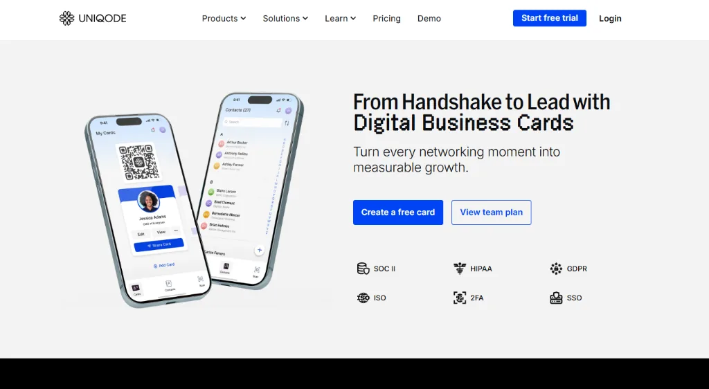 Uniqode pricing page showing their QR code and digital business card plans