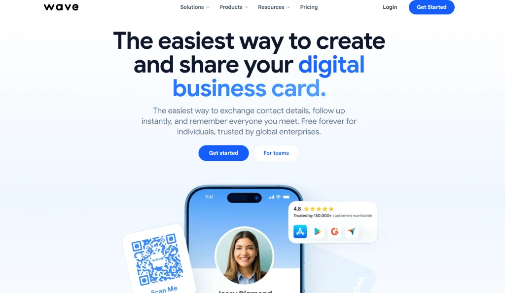 Wave Connect homepage showing their digital business card platform for teams